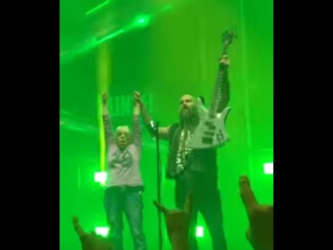 Five Finger Death Punch has grandma in her 70's on stage in Norway moshing w/ band!