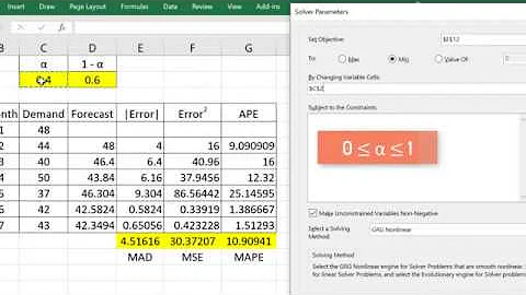 Exponential Smoothing in Excel (Find α) | Use Solver to find smoothing constant alpha