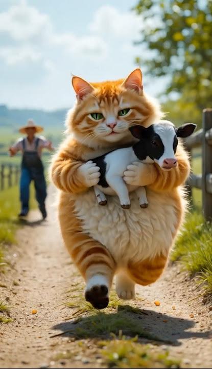 Kucing Oren Gemuk Merawat Anak Sapi, Tapi Ada Rencana Jahat di Baliknya! 🐄🔥#kucing #kucinglucu