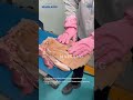 Watch pork belly being cut into consistent strips with clear shape and size.