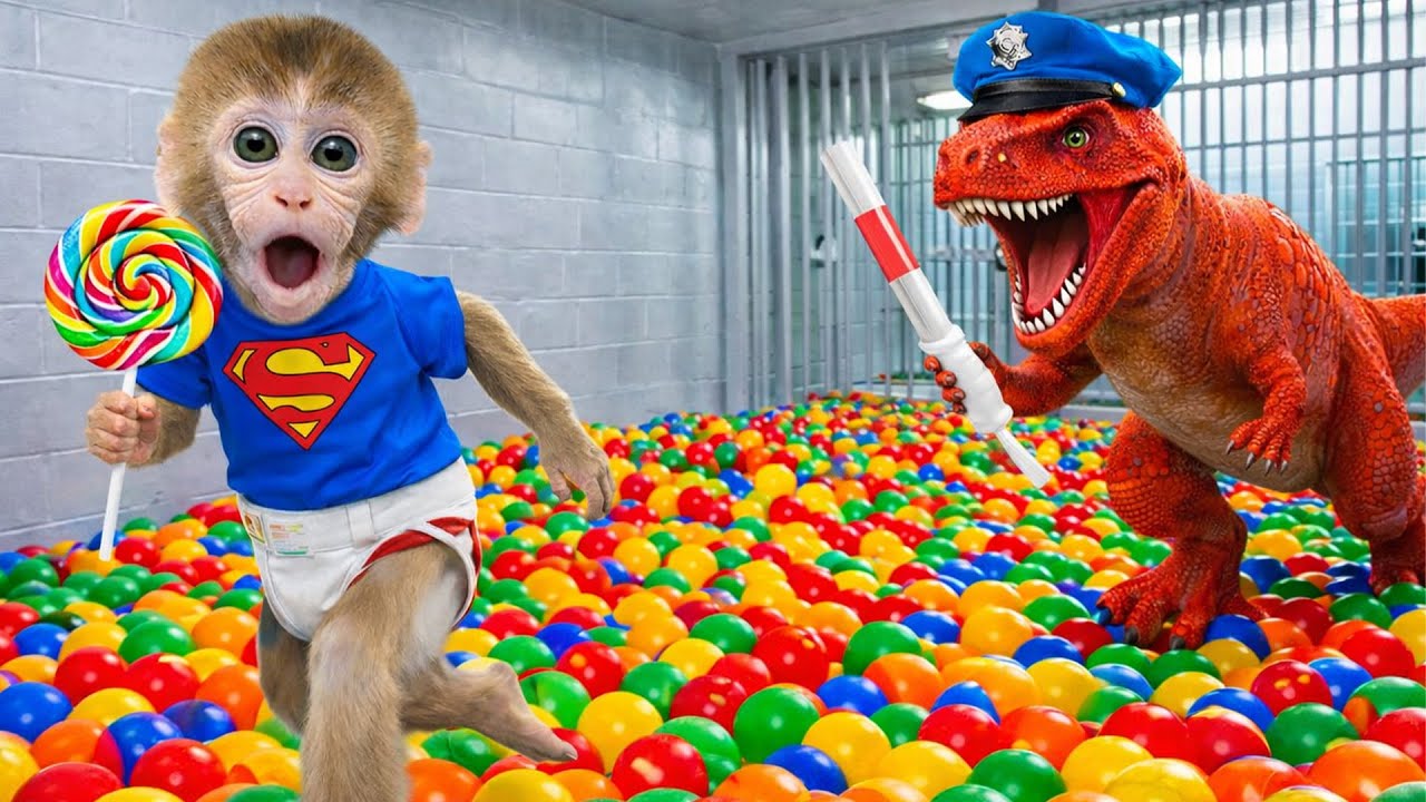 O Macaco Bon Bon e o dinossauro vão à fazenda e exploram a caverna de gelatina arco-íris