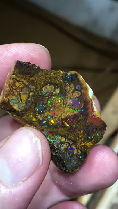 A colorful slice of rough Koroit opal -