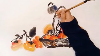 Persimmon fruit and Bird – Chinese ink wash painting screenshot 5