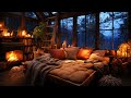 Thunderstorm with lightning rain on window and gentle crackling fire in a cozy bedroom ambience