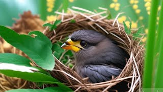 The baby bird in the nest is hungry waiting for its mother to come