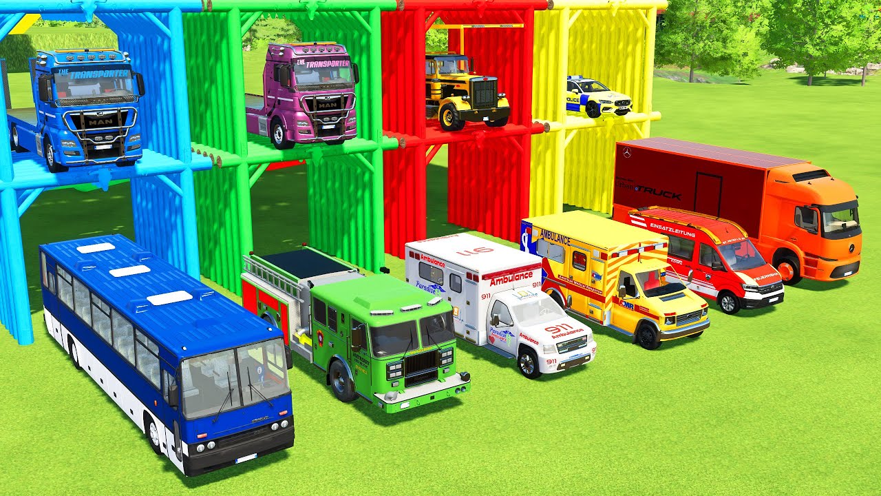 TRANSPORTING BUS, FIRE DEPARTEMENT, FIRE TRUCK, POLICE CAR WITH CARRIER TRUCK | Farming Simulator 22