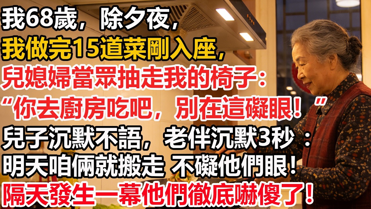 我68歲，除夕夜我做完15道菜剛入座，兒媳婦當眾抽走我的椅子：“你去廚房吃吧，別在這礙眼！”兒子沉默不語，老伴沉默3秒 ：明天咱倆就搬走，不礙他們眼！隔天發生一幕他們徹底嚇傻了！
