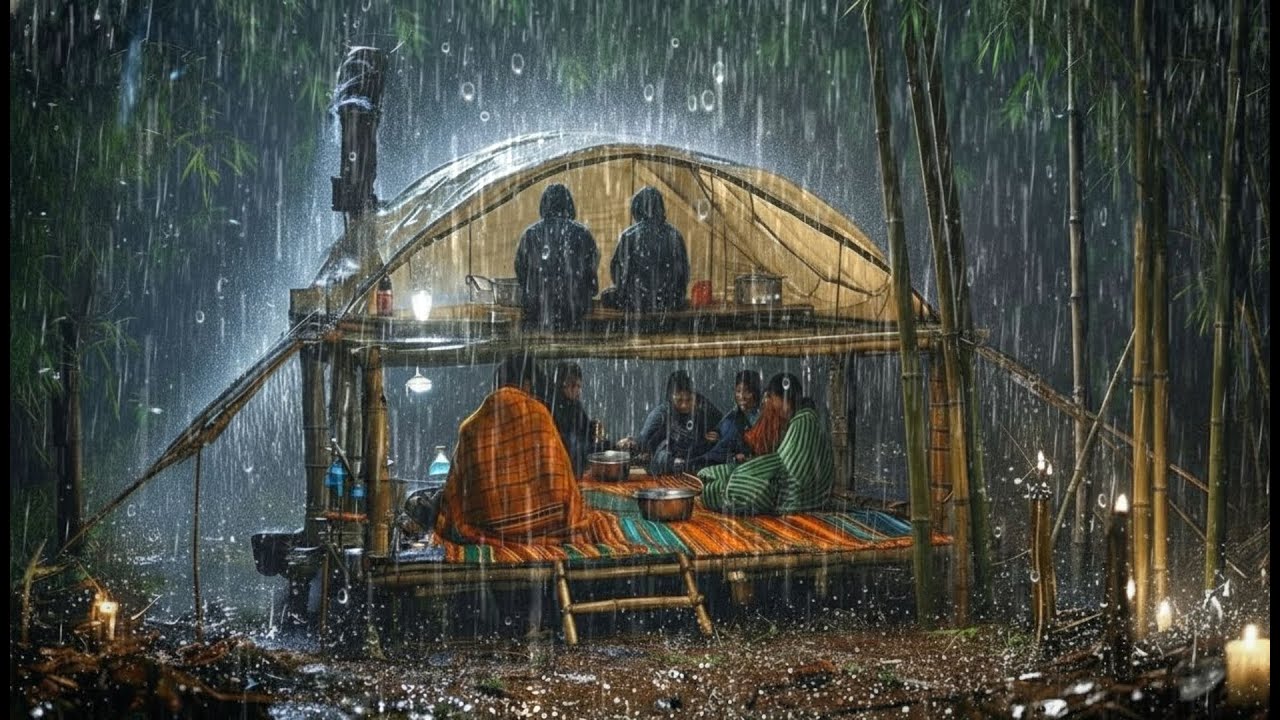 Кемпинг в сильный дождь и грозу // Трудности строительства теплого бамбукового дома