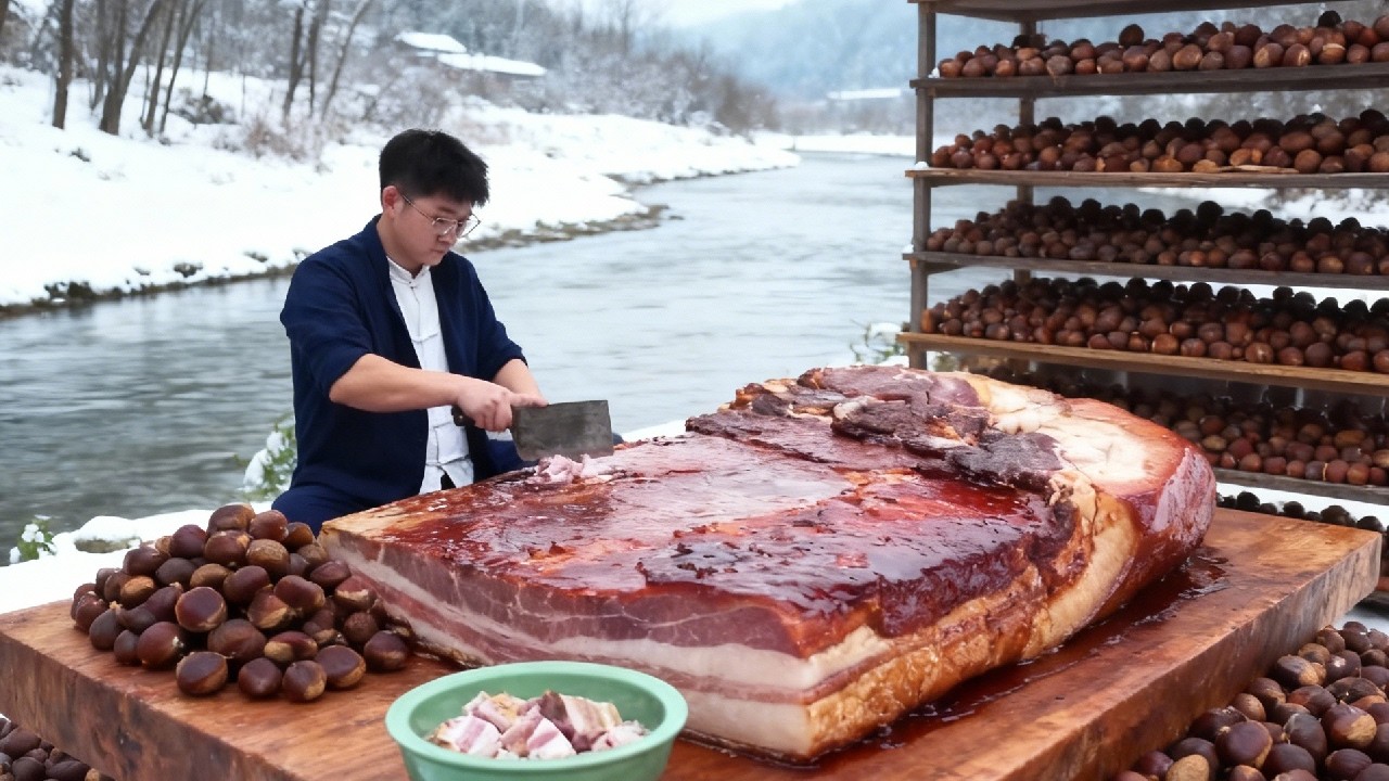 From Spiky Shells To Savory Pot: Harvesting Autumn Chestnuts For A Hearty Braised Pork Belly Feast!