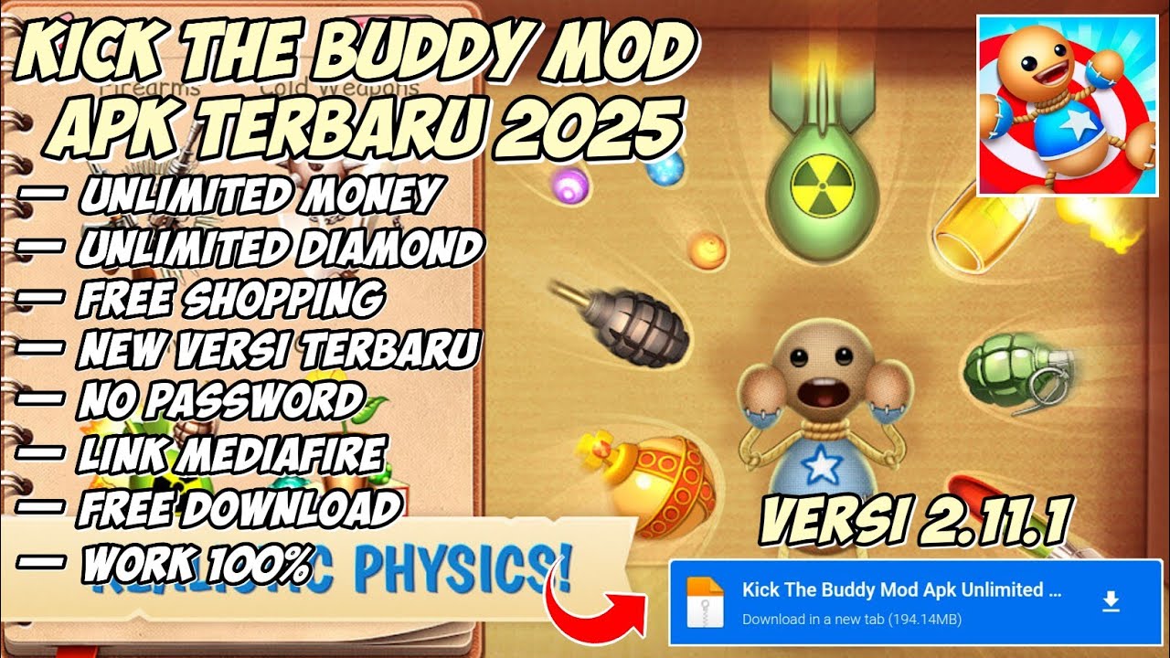DOWNLOAD Kick The Buddy Mod Apk Terbaru 2025 Unlimited Money Free Shopping Versi 2.11.1