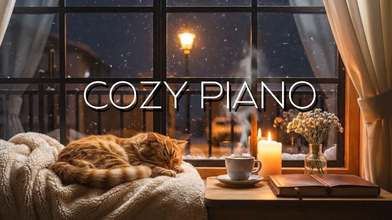 Cozy Winter Night Soft Piano Music & Snow Falling Outside the Window for Sleep