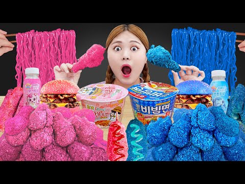   ASMR MUKBANG 직접 만든 타키스 치킨 불닭볶음면 치즈스틱 핑크 블루 먹방 PINK BLUE FIRE NOODLES CHICKEN EATING HIU 하이유