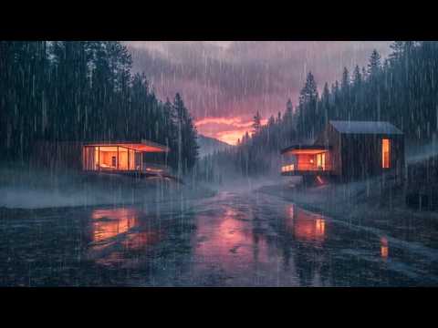 Cozy Rainy Cabins at Sunset 🌧️ Heavy Rain Sounds in the Forest for Deep ...