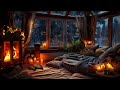 Cozy corner  rainy day retreat with thunderstorm and fireplace