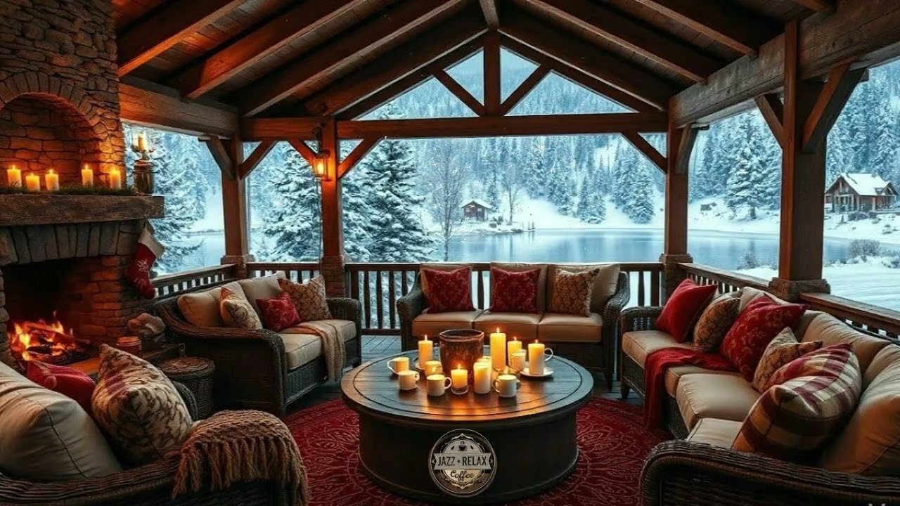 Cozy Winter Cabin Fireplace ❄️🔥 | Warm Jazz Ambience by the Snowy Lake