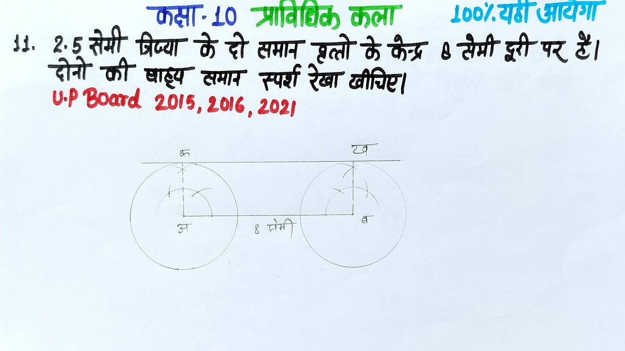 2.5 सेमी त्रिज्या के दो समान वृत्तो के केन्द्र 8 सेमी दूरी पर है। दोनों की बाह्यसमानस्पर्शरेखाखीचिए।