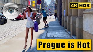 Prague is hot! Walking tour of tram streets in +35°C 🇨🇿 Czech Republic in 4k HDR ASMR