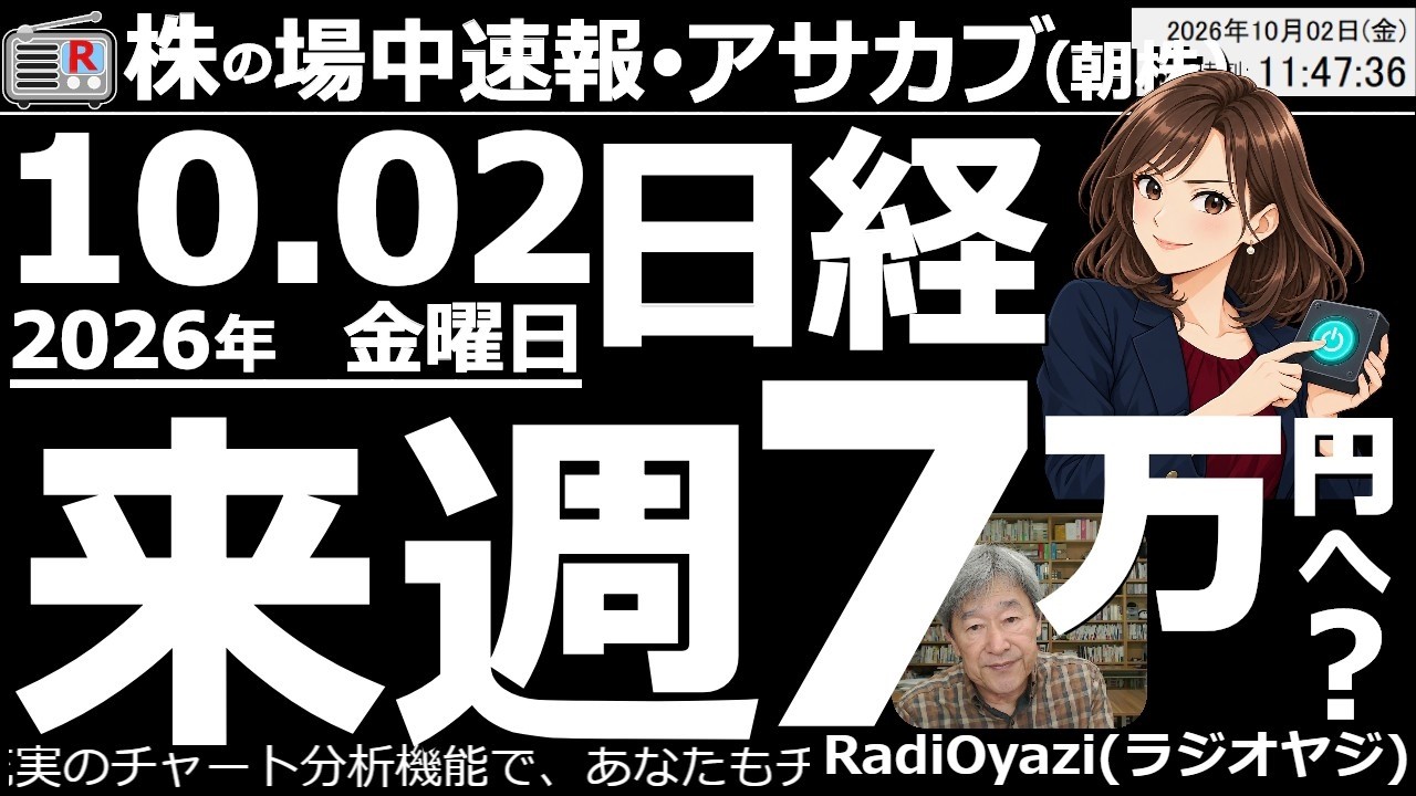 【朝株!(投資情報)】日経平均は急騰の反動もあって、600円ほどの調整(下落)。しかし一瞬、強気シグナル(R式・売りシグナル)が出るなど、強含みの動きを維持している。今日は電線が強い。日経来週7万円?