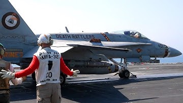 SUPERCARRIER USS Nimitz, USMC F/A-18 Hornet Catapult Launches and Arrested Landings–The Arabian Gulf