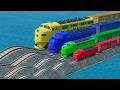 Quadruple Big & Small Colorful Train Vs Impossible Wavy Rail Track Crossing Deepwater | BeamNG.drive