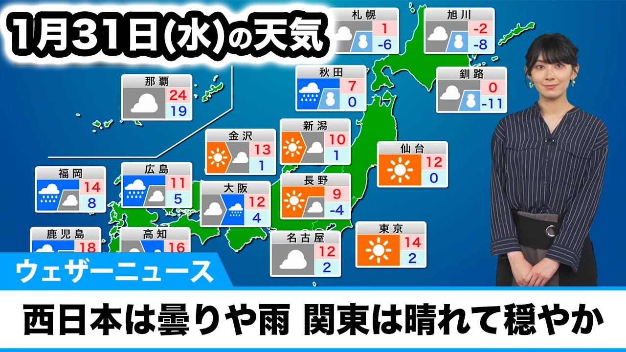 1月31日(水)の天気予報 西日本は曇りや雨 関東は晴れて穏やか - YouTube