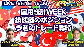 【LIVE放送】9/1 18:30～　雇用統計WEEK、投機筋のポジション、今週のトレード戦略など。本日はみんかぶ編集長の山岡氏と解説いたします。