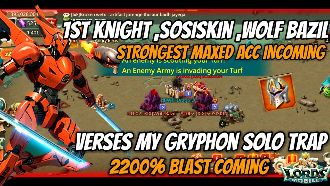 Lords Mobile - 1st Knight, Sosiskin and Wolf Bazil incoming 🥶 | 524K Full T5 Blast vs Gryphon Trap 