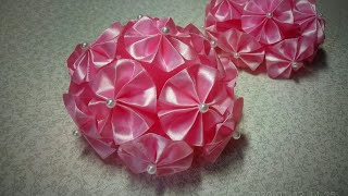 картинка: Пышный бант-шар из ленты 5см. Канзаши. Kanzashi