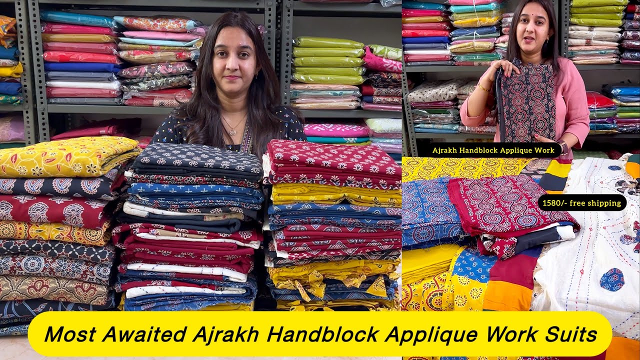 Ajrakh Handblock Applique Work Suits🌹 Unstitched dress material🌹 Handblock Cotton Suits 🌹