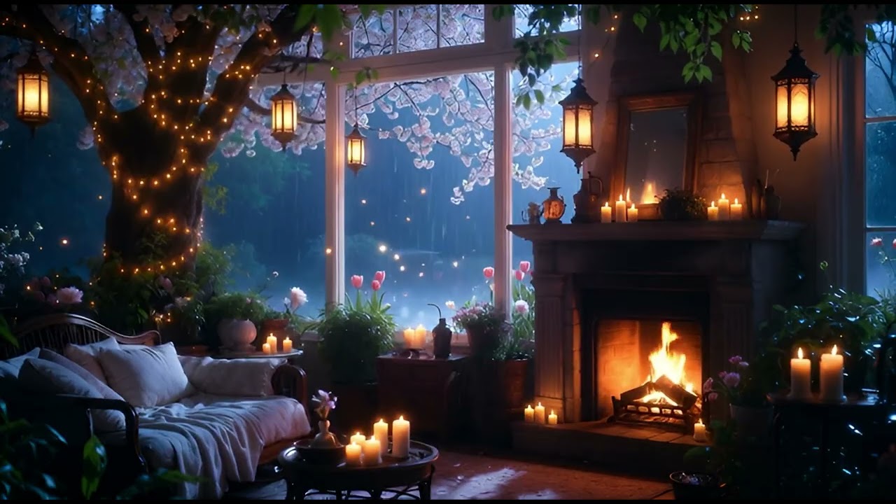Spring Garden Fireplace Retreat 🌸 Gentle Piano & Cozy Fire Ambience for Relax & Sleep