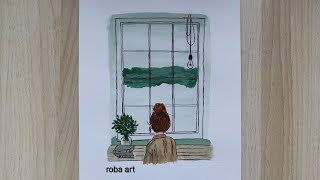 Easy drawing/Girl and window/The beauty of the scene(الفتاه والنافذة)