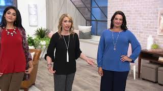 Susan Graver Liquid Knit Bateau Neck Top with Pleated Cuff on QVC Guide