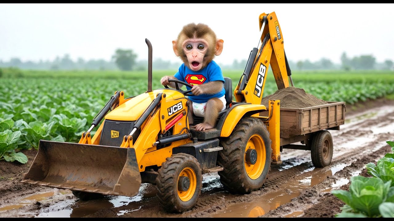 Smart Monkey Drives JCB Tractor to Fix Muddy Village Road After Heavy Rain | Cute Monkey Story