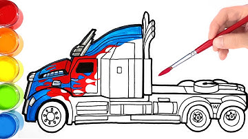 How to Draw and Color Transformers Optimus Prime Trailer Truck |  Kids Learn Colors