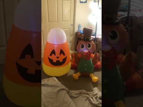 Inflatable turkey and inflatable candy corn and inflatable pumpkin and inflatable skeleton pumpkin