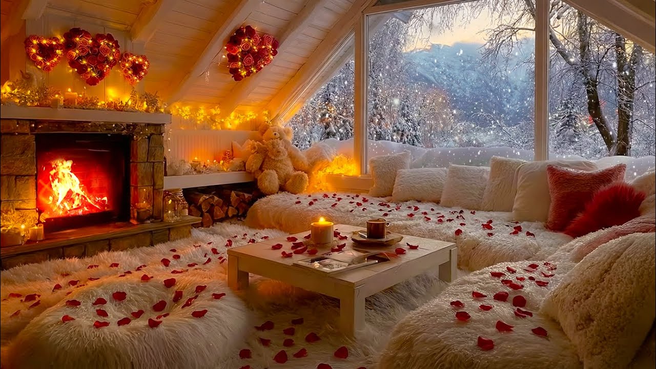 Snowy On Window & Fireplace Crackles in Cozy Living Room Ambience ❄️Gentle Piano for Calm and Relax