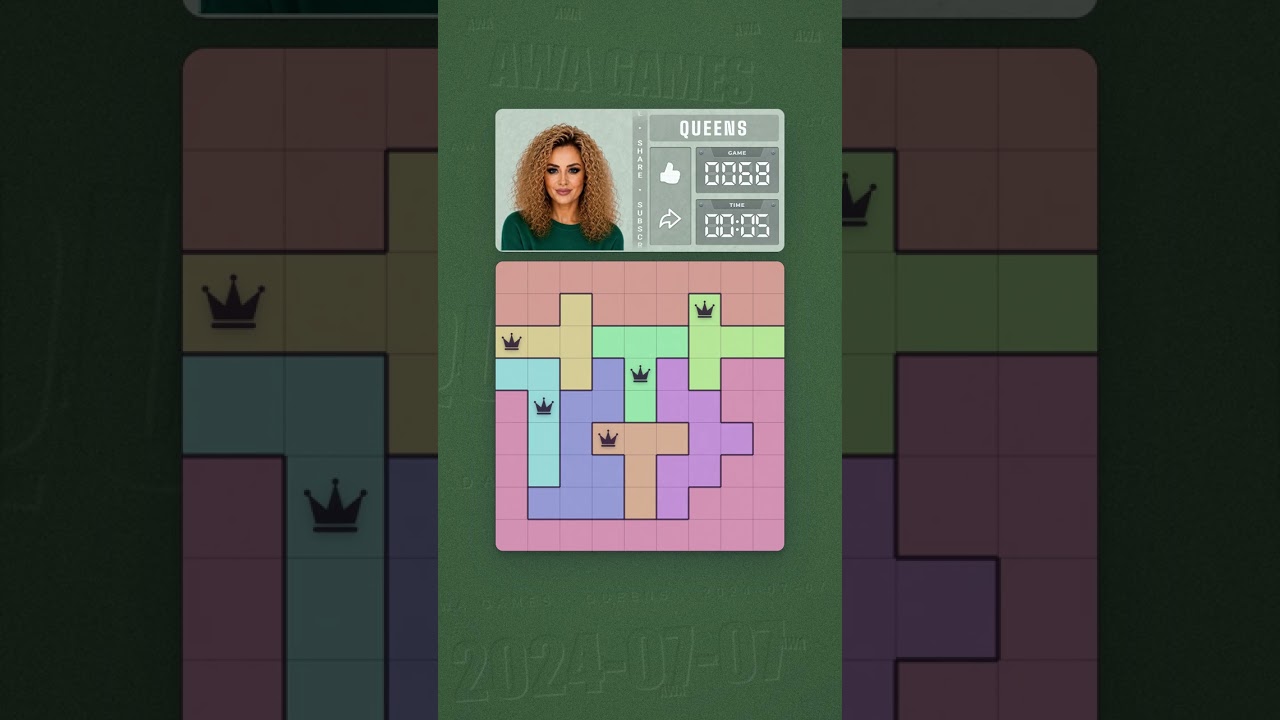 LinkedIn Queens #68 solved board for July 7, 2024, 9x9 grid