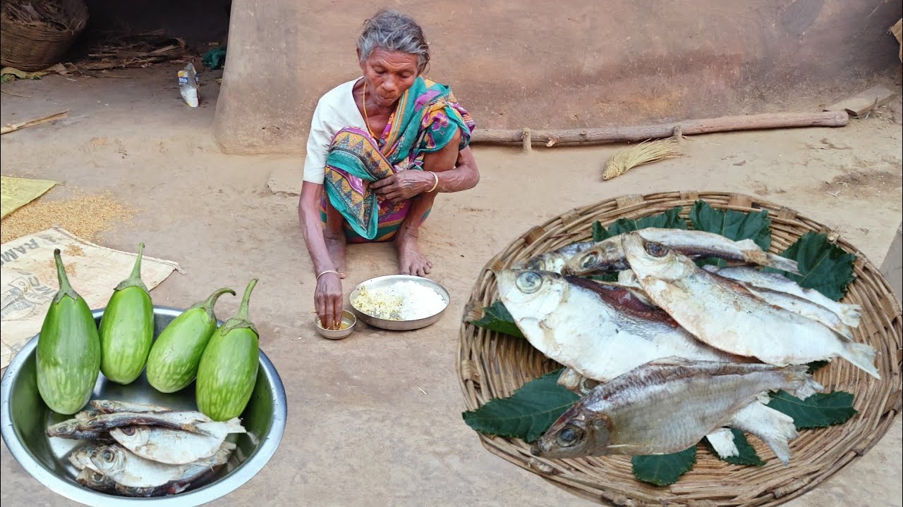 DRY FISH CURRY with BRINJAL cooking by rural GRANDMA traditional