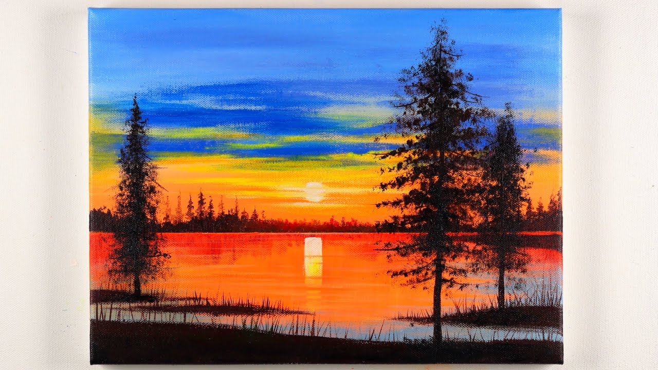 Sunset on the Lake Acrylic Painting | Sunset Landscape Painting ...