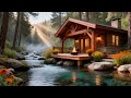Cozy Cabin Cottage Log Fire Pit In The Forest With Water Nature Sounds