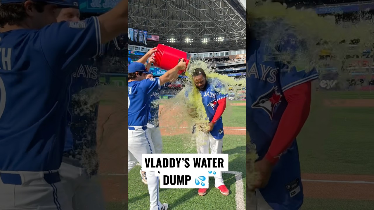 Josh Smith and Myles Straw give Vladimir Guerrero Jr. a taste of his own medicine🧊💦 #BlueJays