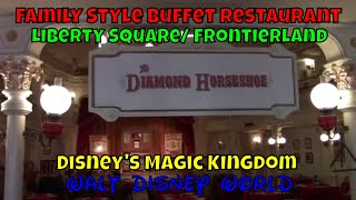 The Diamond Horseshoe Buffet Restaurant at Walt Disney Worlds Magic Kingdom
The Diamond Horseshoe located in between Liberty Square and Frontierland.
Mosey inside this Old West music hall for an all-you-care-to-enjoy meal—featuring Frontier favorites your whole posse will love!
Wanted: Appetites Big ‘n’ Small
Come and get it! Hungry cowpokes are invited to dine in splendiferous style at lunch and dinner. No matter if you’ve got a hankering for grub around high noon or a tasty supper come sundown, make your way into this musical saloon for heaping helpings of finger-licking fare.
The show-stopping, all-you-care-to-enjoy feast opens with a zesty salad, followed by a plentiful platter of flavorful entrees to choose from: BBQ pulled pork, sliced turkey, country smoked sausage or braised beef with all the fixin’s.
While you get your fill, be sure to wash it all down with your choice of beverages before enjoying the finale: a tasty chocolate brownie topped with toasted marshmallow!
Prices range from $35 to $59.99 per adult. Some Dining Plans Accepted The Diamond Horseshoe Buffet Restaurant at Walt Disney Worlds Magic Kingdom