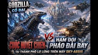 The fierce battle between Ancient Godzilla and the Sky Fortress Fleet in the floating city