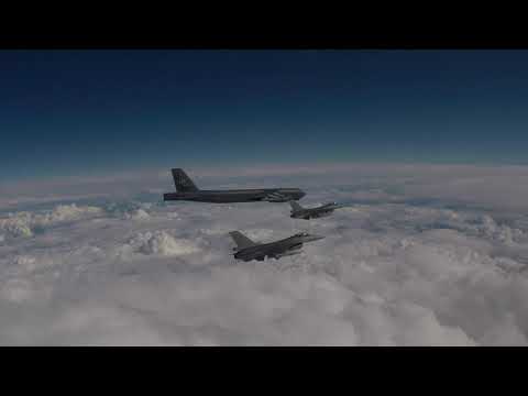 Allied Sky - Belgian Air Force QRA F-16 escort of US Air Force B-52H above Belgium - 28 Aug 2020.