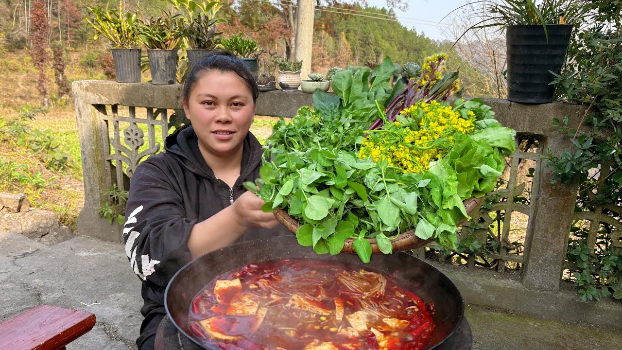 今天摘很多的蔬菜做个爆辣火锅 Pick some fresh vegetables and make a very spicy hotpot