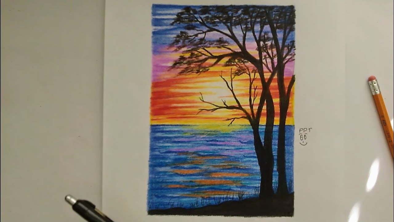 Easy sunset drawing with colored pencils for beginners // step by step