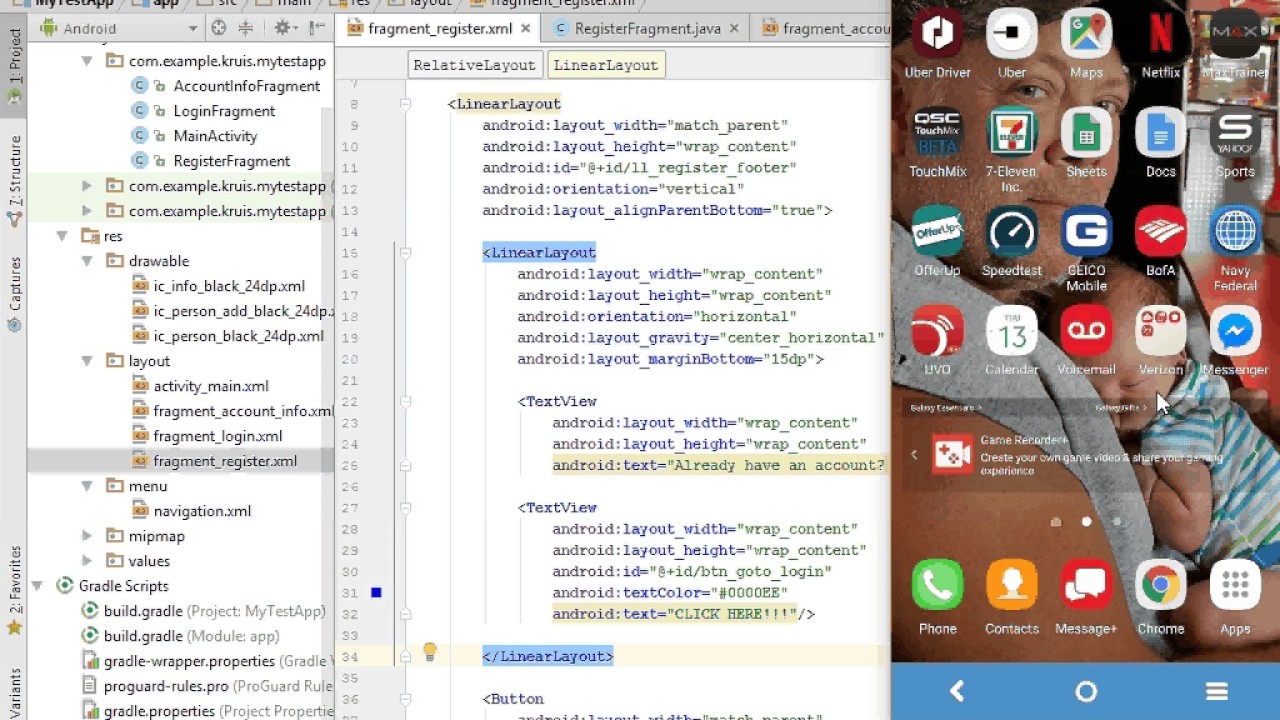 05 Android Studio App Building Register Fragment Buttons and OnClickListener camera iphone 8 plus apk