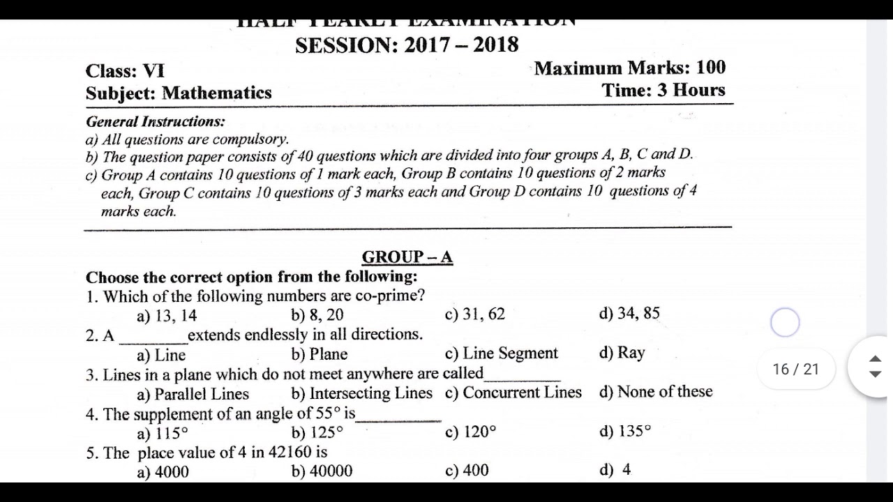CBSC DAV CLASS 6 Maths Post Mid Term Mid Term Exam Question Paper