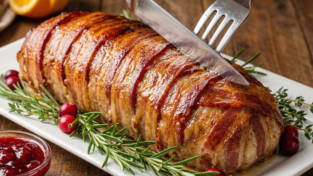 Удивите гостей на праздничном ужине! Сочный рулет из фарша, завернутый в бекон.