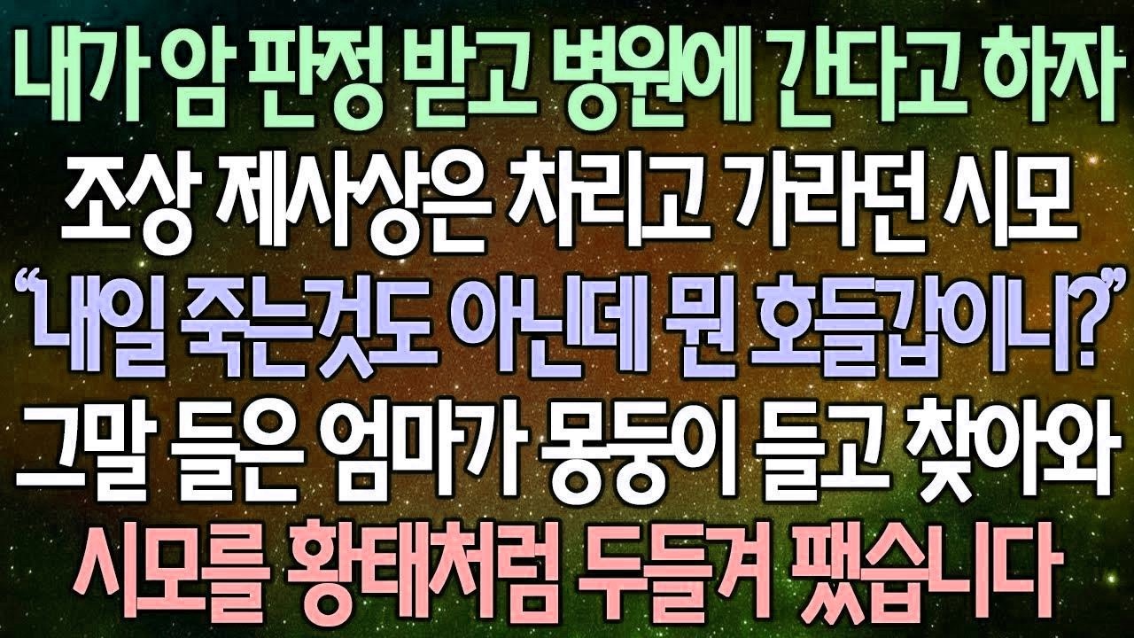 (반전 사연) 내가 암 판정 받고 병원에 간다고 하자 조상 제사상은 차리고 가라던 시모 그말 들은 엄마가 몽둥이 들고 찾아와 시모를 황태처럼 두들겨 팼습니다 사이다사연
